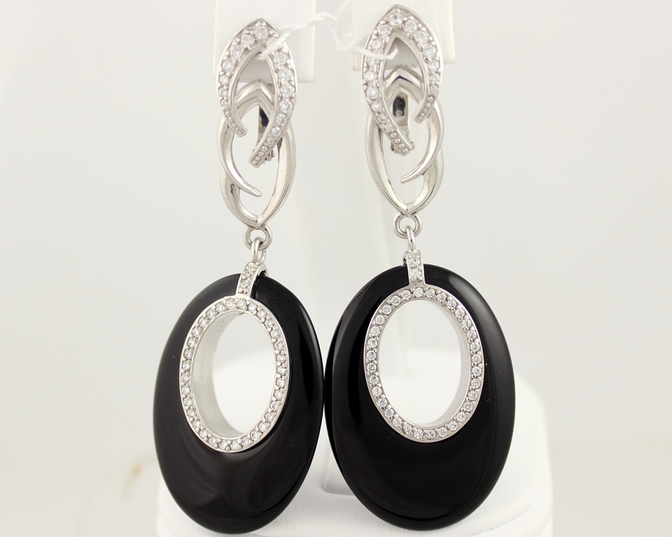 СЕРЕБРЯНЫЕ СЕРЬГИ С ЧЕРНЫМ АГАТОМ, СВИСАЮЩИЕ. 459285С